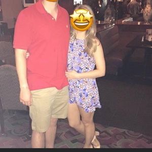 Flirty floral boutique romper, blue & coral, size small